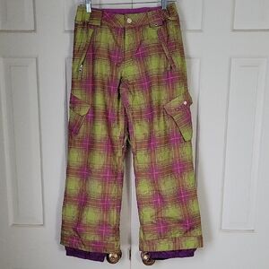 Burton Girls Elite Cargo Snowboard Pants Ski Pants Green Purple Plaid Sz L